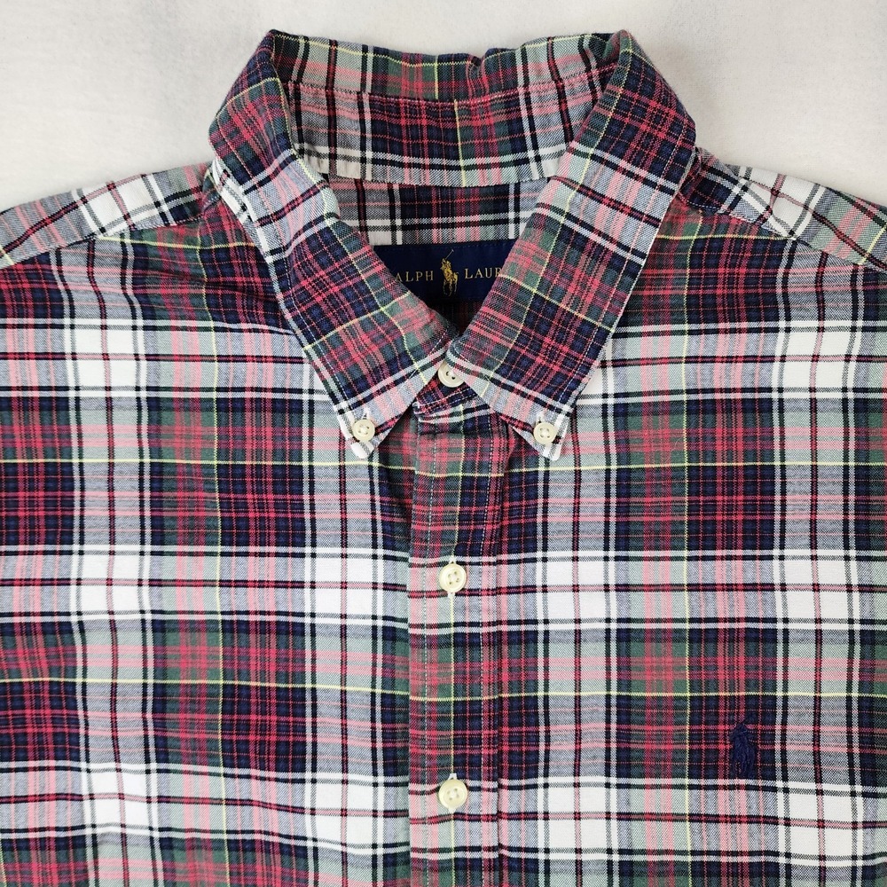 Ralph Lauren Mens XL Red‎ Blue Plaid Button Down Shirt Long Sleeve Cotton Pony